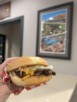 Mission Classic Hamburger 1/4 pound Smash Hamburger w Fries add American cheese