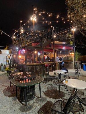 Outdoor patio, fire pit, cool lighting