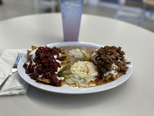 Chilaquiles Deluxe Chorizo w/Carnitas Red & Green Sauce