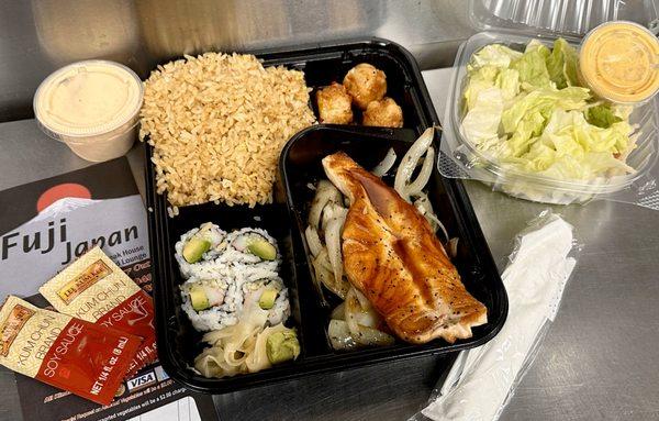 Salmon Teriyaki lunch bento box with salad - can also be served with white rice and soup