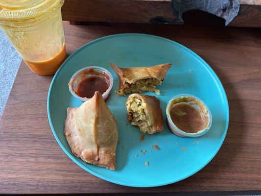 Samosas and mango lassi