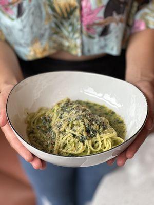 Lacinato kale pasta with pecorino, pistachio, and black pepper