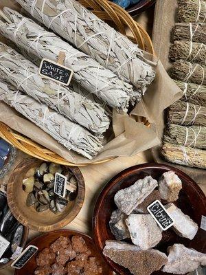 Great selection of crystals, sage bundles, incense, candles and more