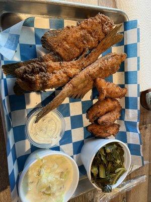 Fried catfish with cheese grits and collard greens