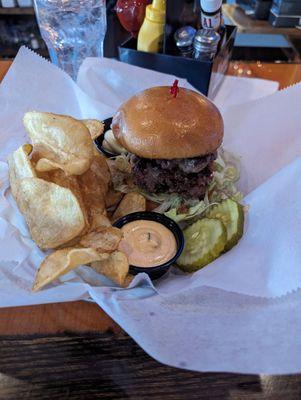 Double bacon smash burger with homemade chips