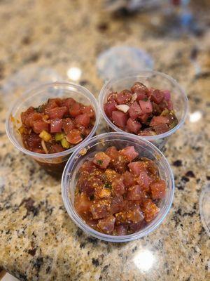 Three 11/2lb of Sweet Spicy Poke, Shoyu Poke, and Fresh Ginger Poke.  To-go