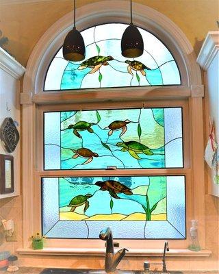 Stained Glass Turtles in kitchen window of home in Richmond Virginia.