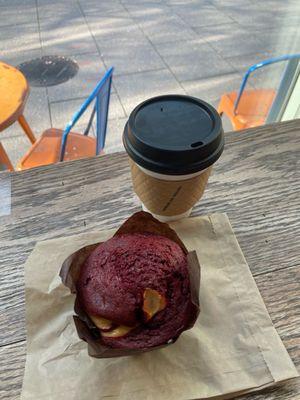 Red velvet muffin , hot chocolate