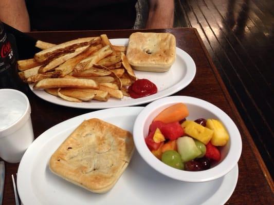 Meat pie and chicken veggie pie. Fries are awesome.