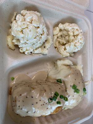 Chicken cordon bleu with mashed potatoes and Mac salad. Yum!