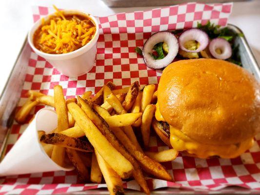 Single Cheeseburger with Fries and cup of chili