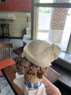 One scoop in a sugar cone: Tahiti vanilla bean and chocolate peanut paradise.