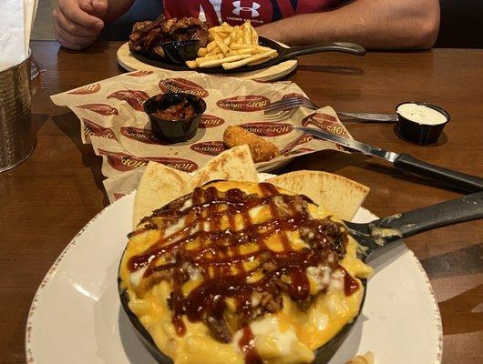 TONY'S BBQ MAC, RIB TIPS & FRIES, MOZARELLA STICKS