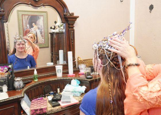 Bridal changing room, getting hair done.