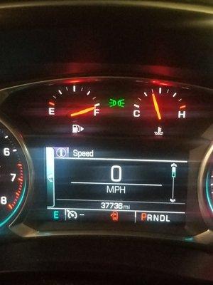 Shows mileage and full+ tank.