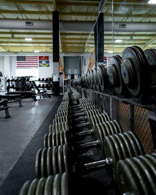 Gold's Gym offers dumbbell racks up to 150 lbs, providing the strength training tools needed for all fitness levels and goals.