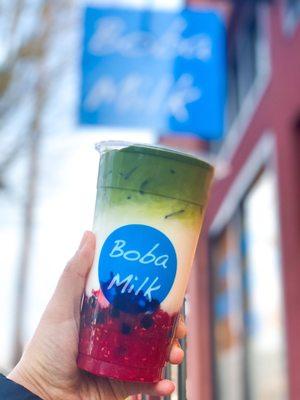 Raspberry Matcha Milk Tea with Boba