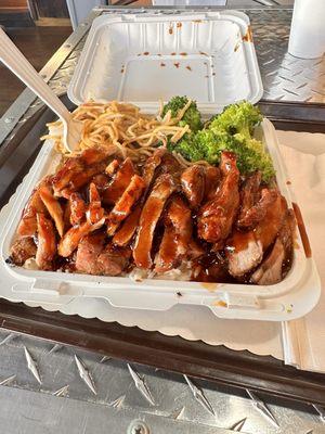 The trio plate, beef, chicken, and pork w/ steamed veggies and steamed rice, I subbed the salad for chow mein!!! The chow mein blew my mind