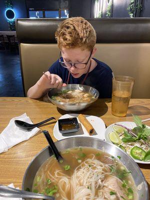 Chicken pho for my son, brisket pho for me, and some delicious spring rolls.