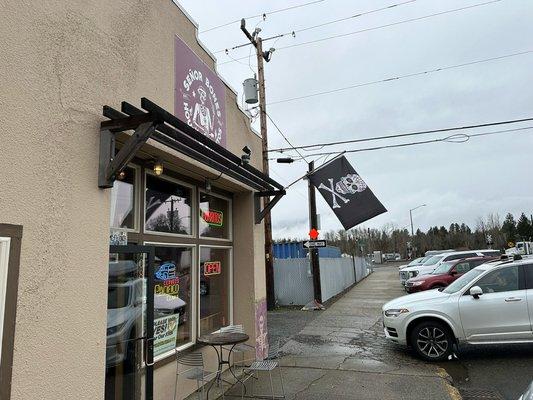 The storefront and drive-through window access driveway