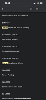 Original timeline of repair work during which I had to move out. Spent an additional month in a hotel because of the inaccurate timeframe.