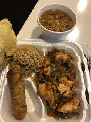 Szechuan Shrimp & Chicken lunch, with veggies in brown sauce, fried rice, egg roll, hot & sour soup