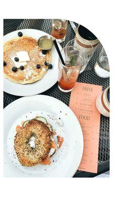 Brunch with the Lemon Pancake (SO GOOD) and the Bagel with Lox, Bloody Mary, and Coffee.