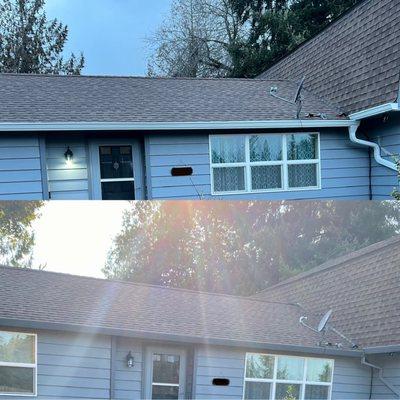 Choke point by the satellite dish on the right. New white 6K gutters vs old rusted gutters.