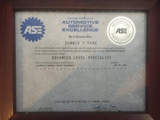 ASE Certified with additional qualification as an Advanced Level Specialist to ensure professional service