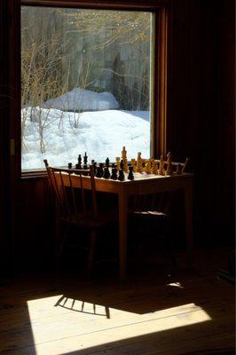 Inviting common area with chess table and fireplace