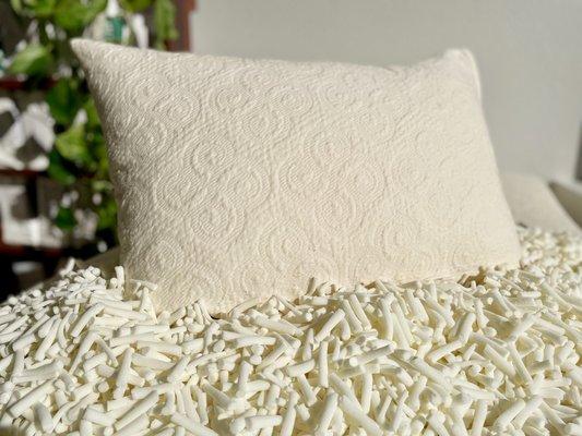 Latex Noodle Fill Pillow with organic cotton knit protector.