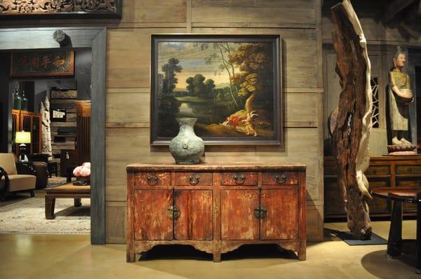 Chinese sideboard, Han urn and Flemish oil painting.