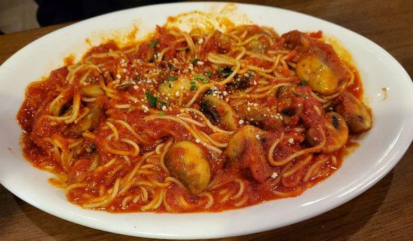 Angel hair in marinara with mushrooms.