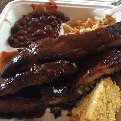 Ribs, baked beans, mac n cheese, cornbread & sweet tea. $14 total! Hell of a good deal