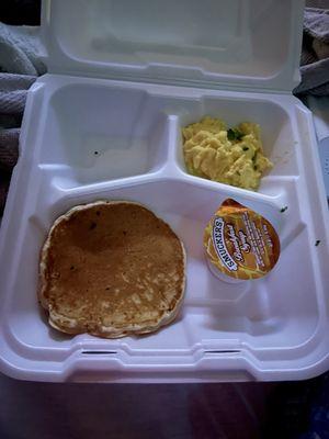 Breakfast Monday morning.  Rubber pancake & eggs that had a 1/4" raw egg in the bottom.  I stuck my finger in it to see.