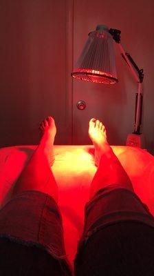 Infrared heating lamp at your feet. Makes you feel cozy while getting your treatment.