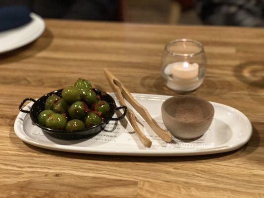 Warm Castelvetrano olives. Perfect appetizer. So simple and so aromatic.