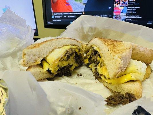 Steak Egg and Cheese Breakfast Sandwich !