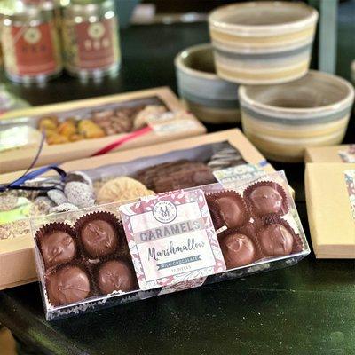 A box of our fabulous chocolate covered gourmet marshmallow caramels