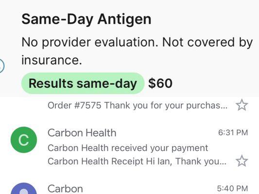 Mis-priced "same-day" antigen test.