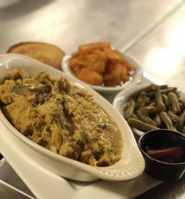 Homemade Chicken & Dressing, With Scratch Gravy, Seasoned Green Beans, Fresh Yams, & Hot Water Cornbread. SERVED ON SUNDAY'S ONLY.