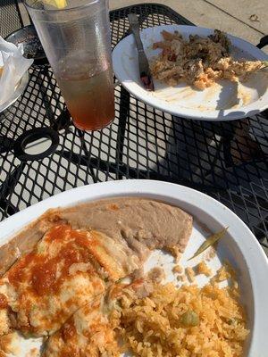 Chile relleno, enchilada, rice & beans Arroz Tequila plate (steak, chicken, and shrimp on a bed of rice)