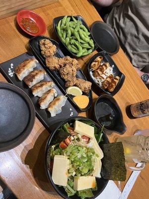 Chicken Karaage, Pork Gyoza, Edamame, Potato Croquette, House Salad