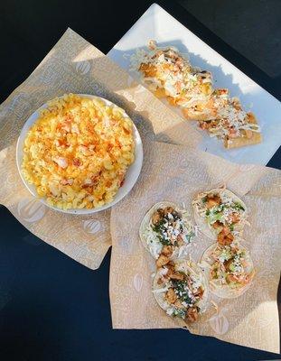 lobster mac and cheese, taco tuesday special (2 shrimp & 2 chicken), pork belly quesadilla