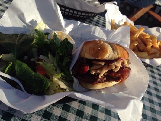 Cowboy burger, homemade bun, fries and a side salad. On point!