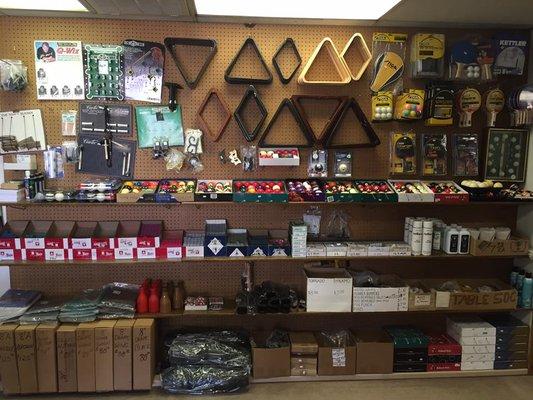 we sale accessories for your game room. Cue racks, chalk, dust covers, shaper, scuffers, ping pong paddles, dominoes, much more.