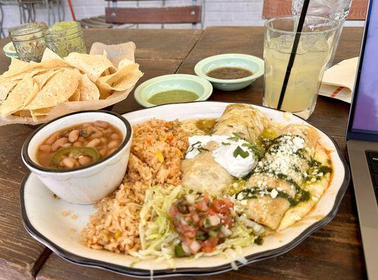 Lunch Deal with Chicken Enchiladas and Charro Beans  Agua Fresca