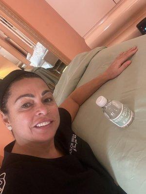 Nurse Jackie waiting on her client who had a tummy tuck for a lymphatic drainage therapy! Happy client in deed!