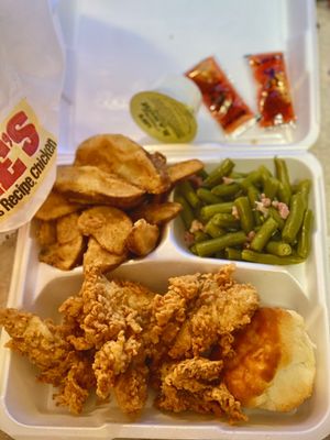 Boneless Tenders with Potato Wedges and Green Beans.  Potato Wedges are real home style potato wedges, not the frozen fried kind.