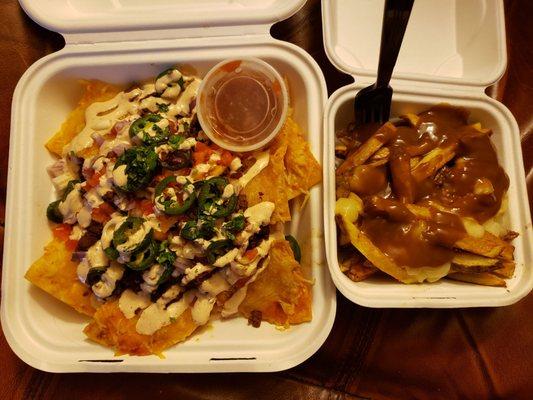 1/2 order of Nachos and 1/2 order of Poutine.